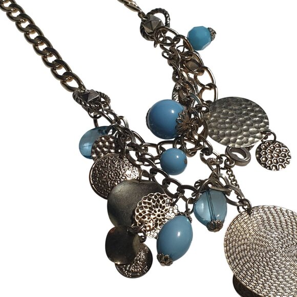 Erica Lyons Necklace Blue Beads Textured Discs Key Charm Chain Adjustable Gift - Picture 2 of 6